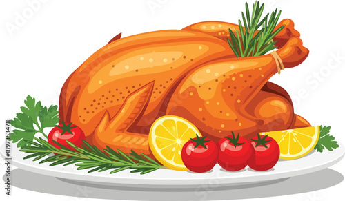 Roasted Chicken with Garnishes on Plate.