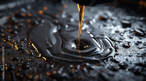 Oil Droplets Create Abstract Patterns on Dark Surface in Close-Up