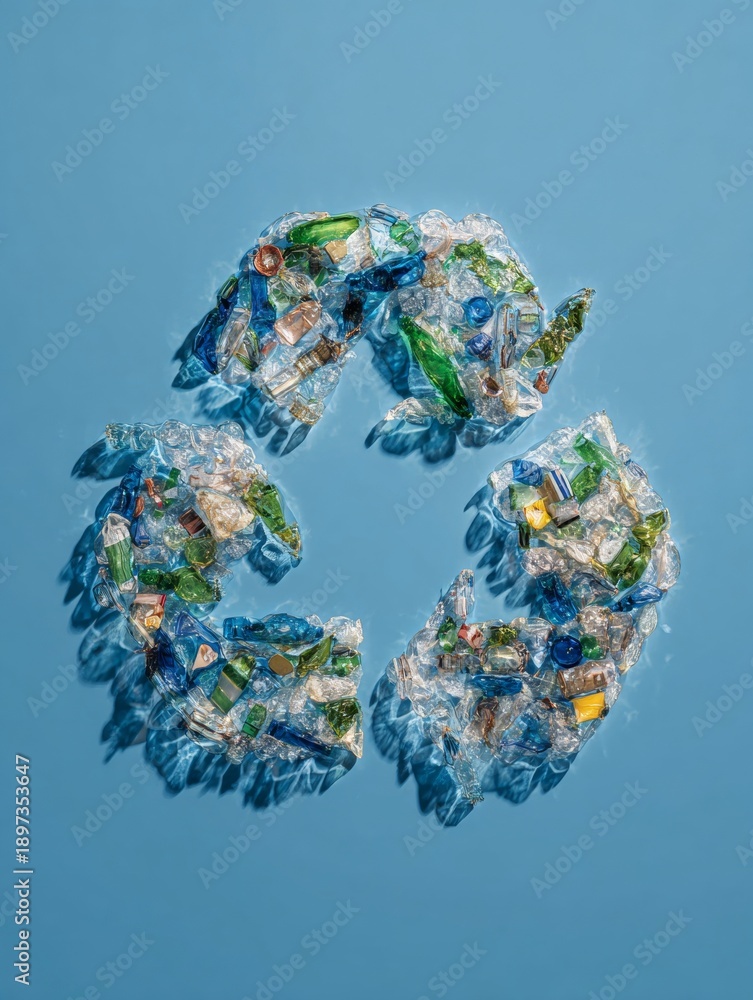 Fototapeta premium Recycling symbol made from plastic waste on blue background