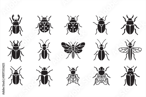 Beetle and Flying Insect Silhouette Set - Vector Bug, Ladybug, and Fly Icons for Nature Design