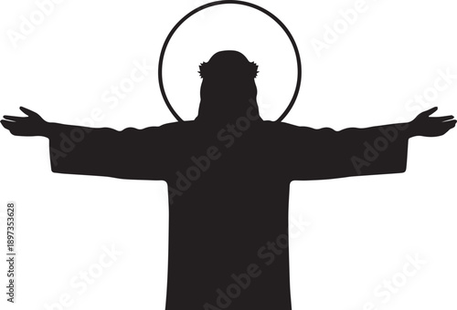 Jesus silhouette vector illustration with halo and open arms representing faith and hope