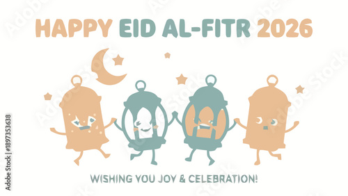 Vibrant cartoon lanterns dancing together under a crescent moon symbolizing joy and celebration during Eid al-Fitr festivities
