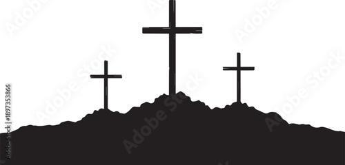 Three crosses on calvary hill black silhouette illustration vector line art style