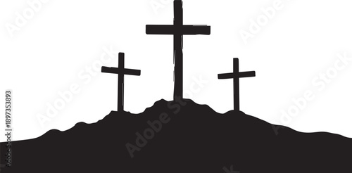 Three crosses on hill silhouette vector illustration for easter or good friday concept