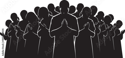 Worshipping crowd silhouette praying hands illustration vector line art