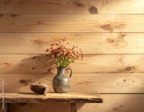 Elegant Floral Arrangement in Metal Vase on Wooden Table Background