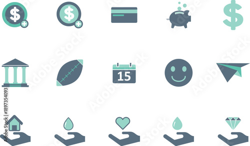 A collection of icons representing financial concepts and charitable giving displayed in a grid layout