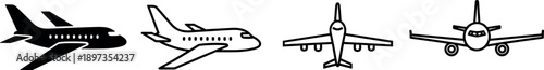 Airplane icon set, aircraft silhouette collection, aviation transport symbols, flight travel graphics, minimal plane illustrations isolated white background