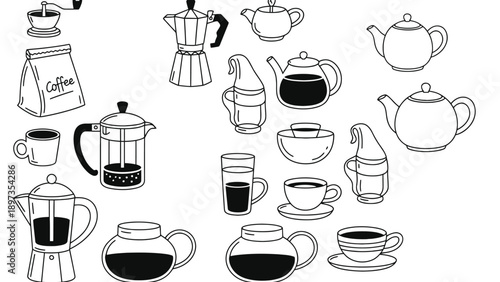 Various coffee and tea brewing methods and drinkware on a white background