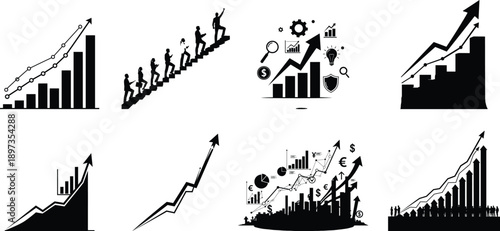 Collection of abstract financial growth charts and graphs depicted as a dark silhouette