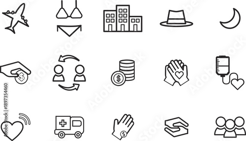 A collection of simple line icons representing various concepts including travel, finance, and community