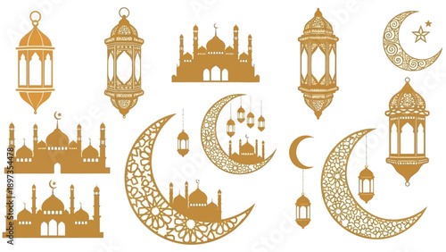 Crescent moons and lanterns surrounding mosques in a festive Islamic celebration illustration