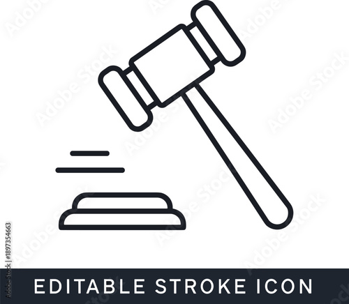 Justice gavel icon, editable stroke law symbol, legal court decision concept, judge hammer outline vector illustration isolated