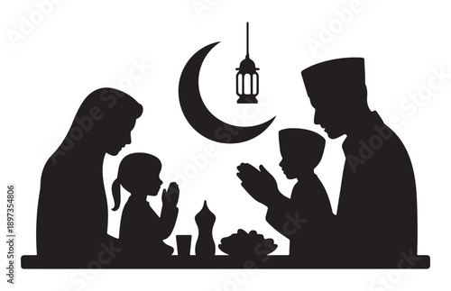 Muslim family silhouette praying before iftar meal, ramadan crescent moon and hanging arabic lantern