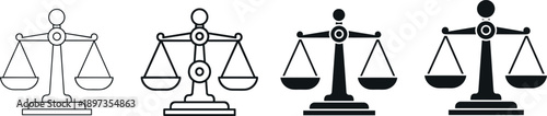 Justice scale icon variations, legal balance symbols, law equality illustrations, courtroom justice graphics, minimal solid outline icons isolated