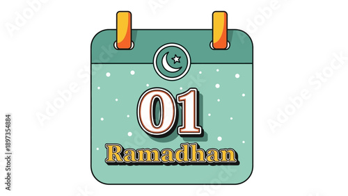 Calendar page displaying the first day of Ramadhan celebration with crescent moon icon and stars