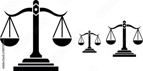 Justice scales icon set illustration, law balance symbol, legal equality concept, courtroom justice design, black silhouette, isolated white background