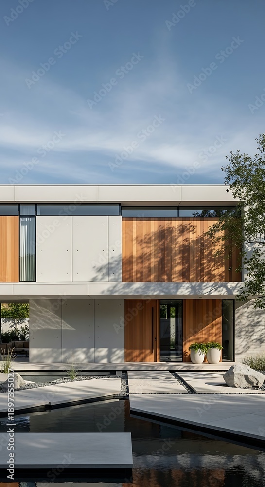 Obraz premium Modern house with large windows and pool.