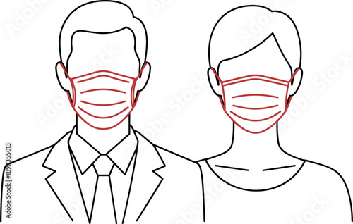 Man and woman wearing face masks, health protection concept, virus prevention illustration, medical safety, pandemic awareness, isolated line vector design