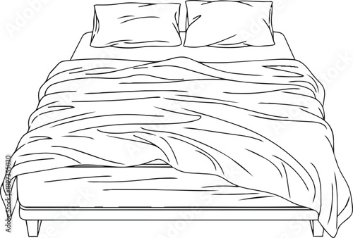 Simple Line Drawing of a Bed with Blanket and Pillows.