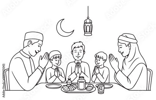 Islamic family members sitting around table praying before dinner for ramadan kareem celebration at night