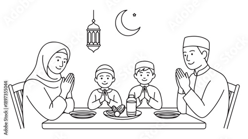 Happy muslim parents and children praying at table before starting dinner during ramadan holy celebration