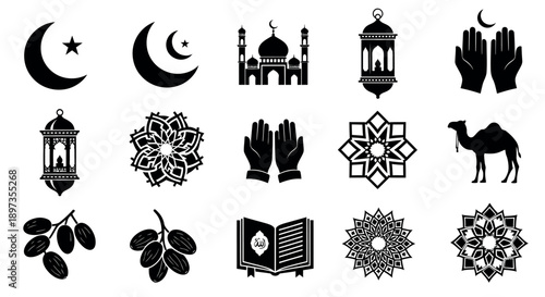 ramadan arabic islamic celebration icon set silhouette style icon