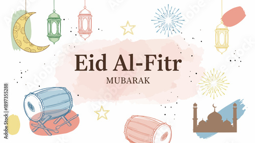 Celebrating Eid Al-Fitr with traditional drums and lanterns under a crescent moon in a festive atmosphere