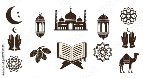 ramadan arabic islamic celebration icon set silhouette style icon