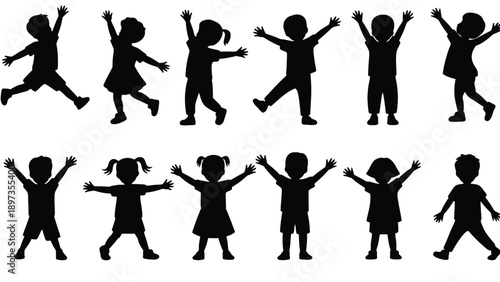 Silhouettes of happy children dancing and playing together in various poses