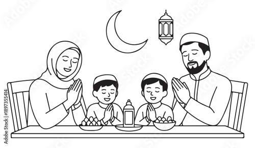 Muslim family praying before iftar, breaking fast together during ramadan celebration, line art