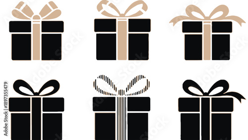 Black gift boxes with various ribbon designs on white background