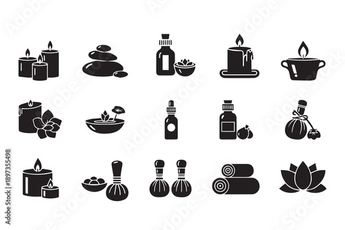 Spa and Wellness Icon Set - Zen Aromatherapy, Massage, and Relaxation Therapy Vector Silhouettes