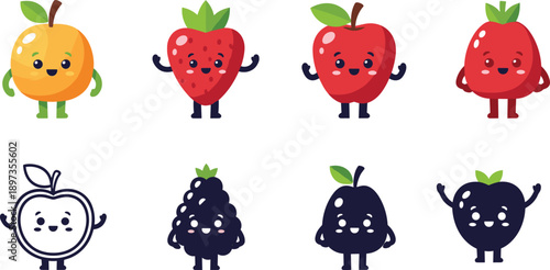 Cute fruit character set with colorful kawaii apple strawberry grape and berry mascots in friendly cartoon style