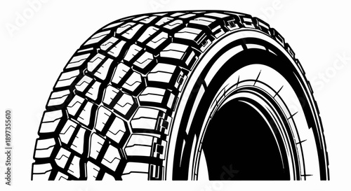 A black and white vector illustration of a rugged vehicle tire with a distinct tread pattern