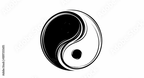 A black and white stylized Yin and Yang symbol with a brushstroke texture, representing balance
