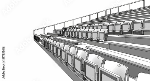 A black and white sketch illustration of empty tiered stadium seating in an arena or theater