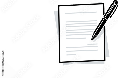 A black and white vector illustration showing a document with text lines and a pen on it