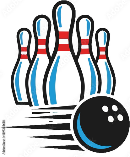 A black bowling ball with blue accents speeds towards white pins with red and blue stripes, creating a dynamic scene