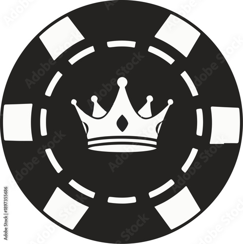 A black casino chip with a white crown in the center, featuring white segments and rectangles on its edge