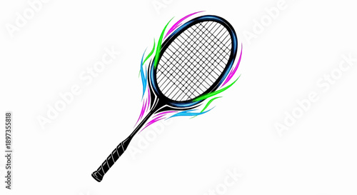 A black tennis racket with colorful neon blue, green, and pink streaks emanating from its head, on white