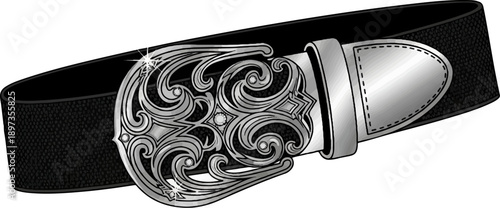 A black textured belt with an ornate, silver-toned metal buckle featuring scrollwork and gemstones