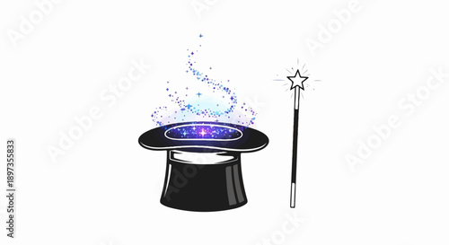 A black top hat magically sparkles with blue and purple stars, next to a shining magic wand
