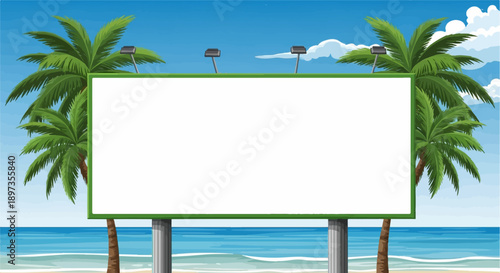 A blank billboard with a green frame on a tropical beach, flanked by palm trees under a blue sky