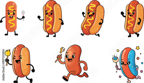 Cute cartoon hot dog character set with funny sausage mascots in playful poses for stickers food branding kids illustrations