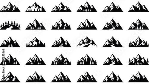 Black and white mountain icons on a clean white background