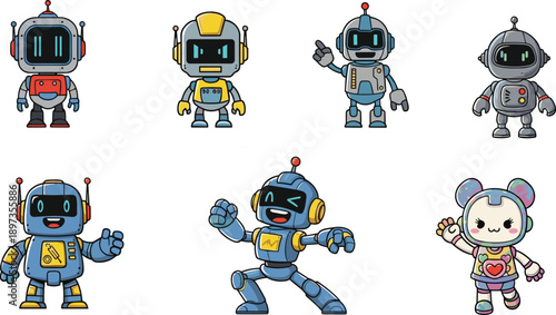 Cute cartoon robot character set with friendly futuristic android mascots for kids games apps education stickers and illustrations