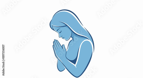 A blue-toned illustration of a woman with long hair and closed eyes, hands clasped in prayer or contemplation