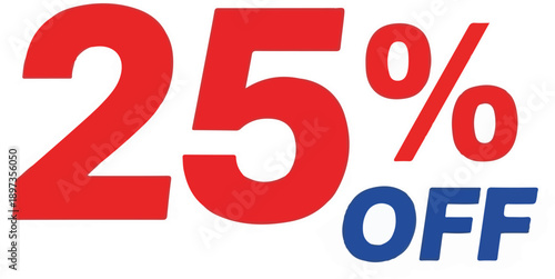 A bold graphic displaying "25% OFF" in striking red and blue text against a clean white background