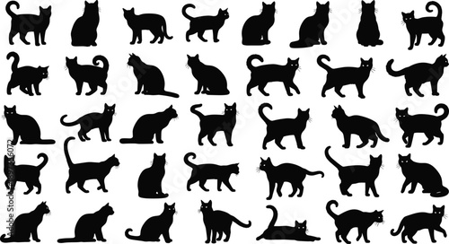 Black cat silhouette collection, feline posture grid, vector animal icons, sitting, walking, stretching poses, pet graphics, domestic creatures, expressive design